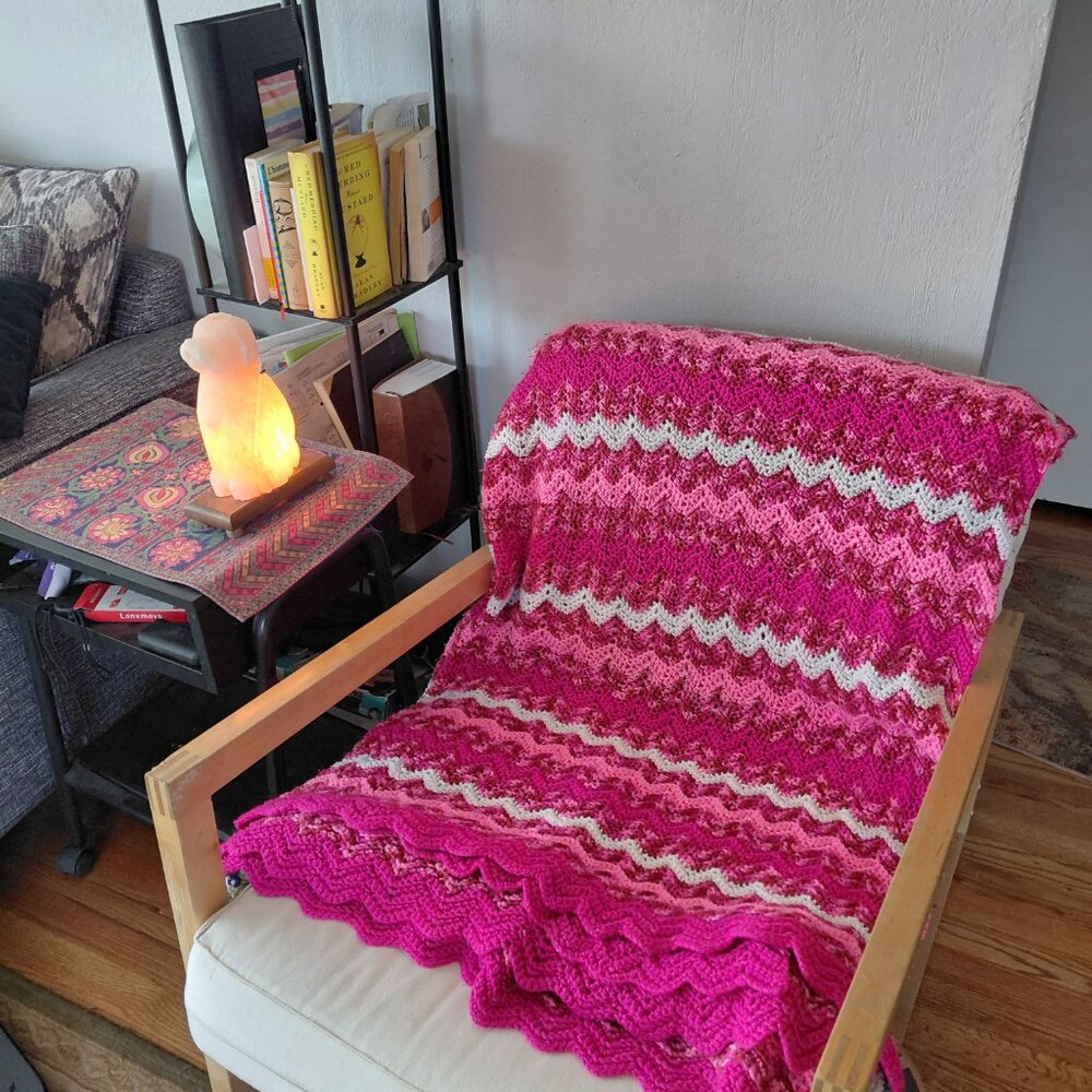 Vintage Pink Chevron Crochet Afghan Blanket Handmade Cottagecore Throw